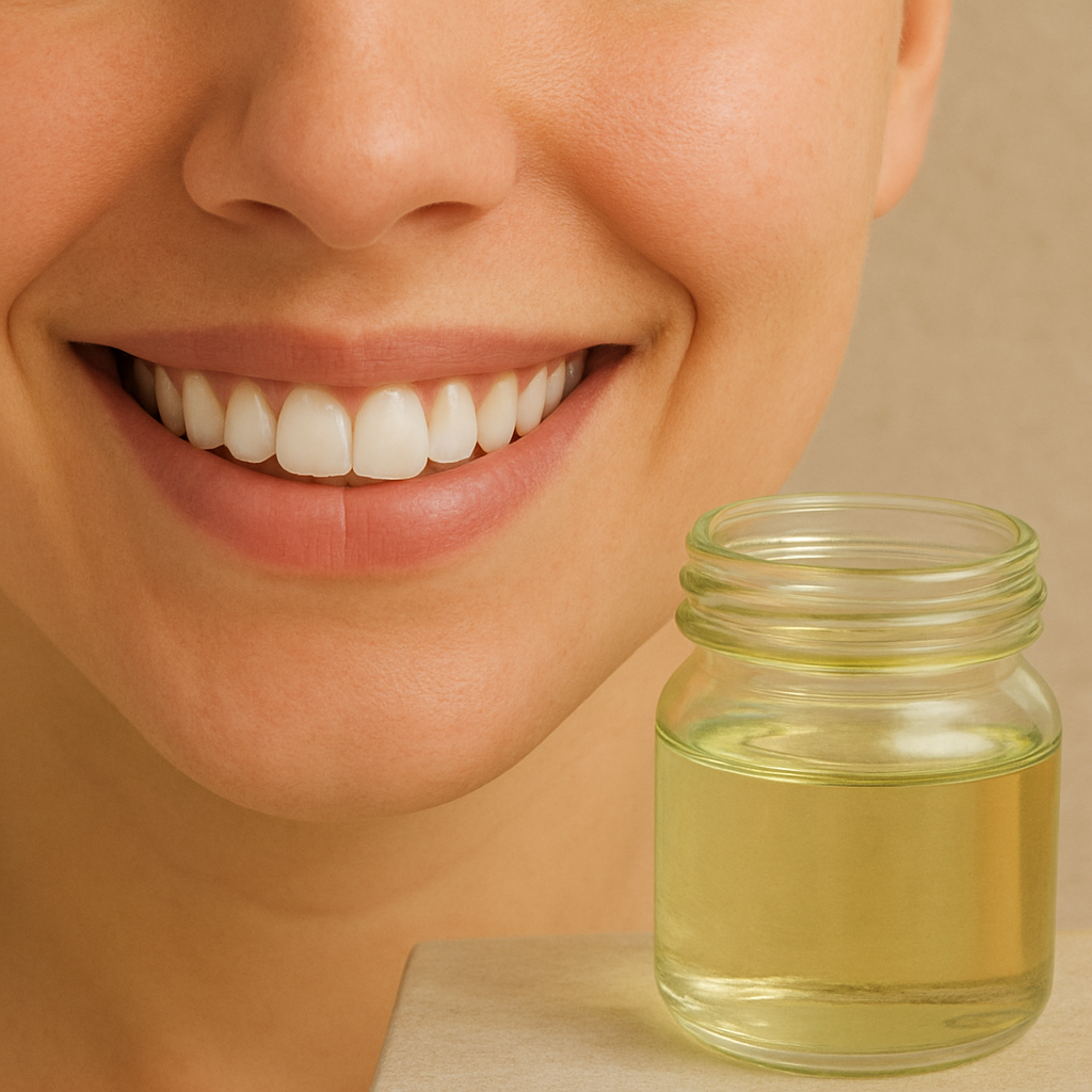 "Close-up of a smiling mouth with healthy white teeth, alongside a glass jar of oil on a bathroom counter, symbolizing oil pulling benefits for plaque reduction, gum strength, and oral hygiene."