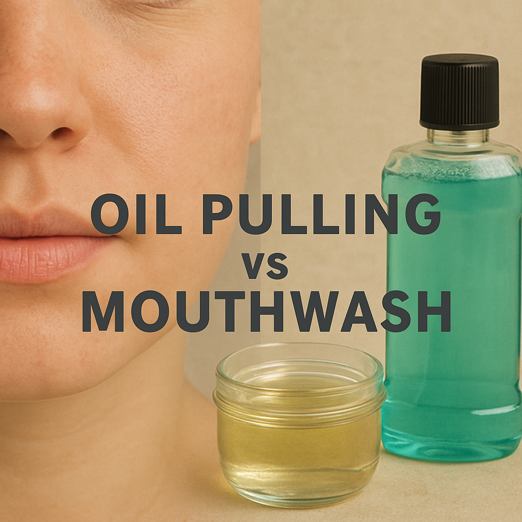 Side-by-side comparison showing a woman’s face with a small glass jar of oil for oil pulling on the left and a plastic bottle of teal-colored mouthwash on the right