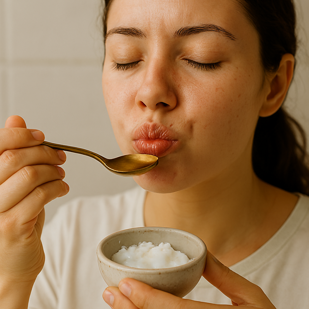 Woman with eyes closed swishing coconut oil in her mouth, holding a brass spoon and ceramic bowl in soft morning light; close-up highlights mouth motion and gum line.