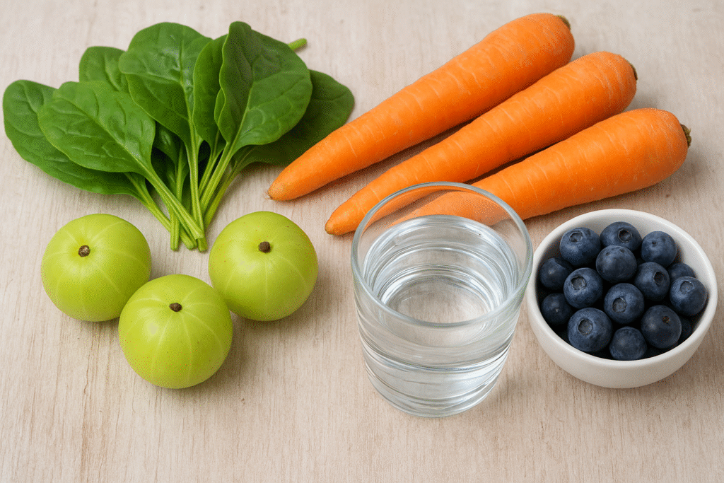 Fresh amla, carrots, spinach, blueberries, and a glass of water arranged on a wooden surface