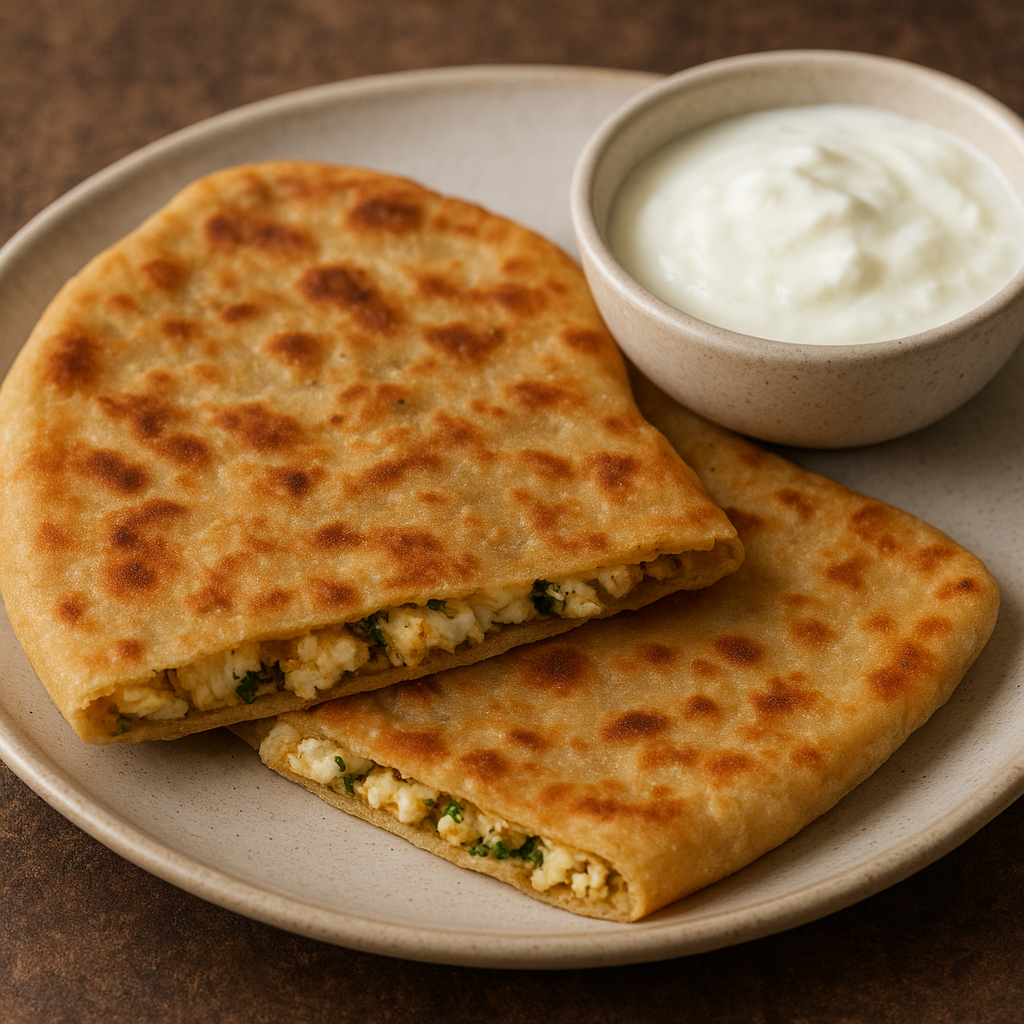 Golden-brown paneer paratha with a bowl of creamy curd on a plate.