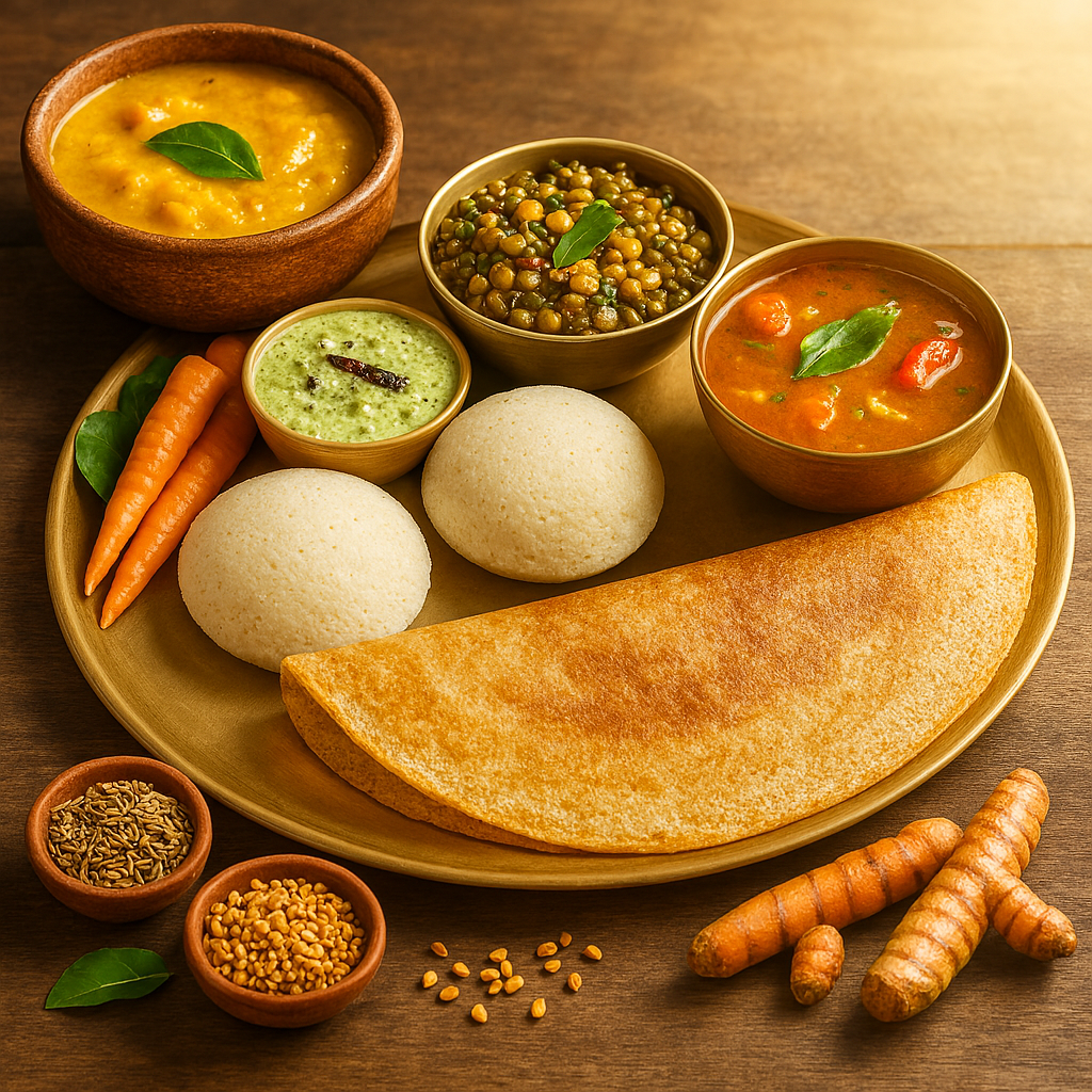 Realistic Indian thali with dosa, idlis, chutney, sambar, sprouted lentil curry, and dal dhokli served on a brass plate, surrounded by turmeric roots, cumin, and fenugreek seeds on a rustic wooden table with warm natural lighting.