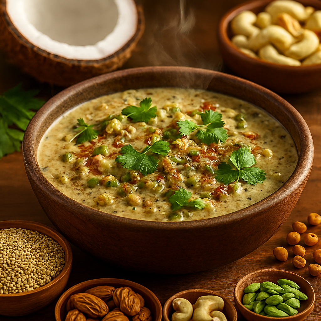 Realistic close-up of a steaming Indian plant-based gravy made with millet sprouts and roasted gram in a creamy coconut base, garnished with coriander leaves and surrounded by raw grains, cashews, coconut, and spices on a rustic wooden table.