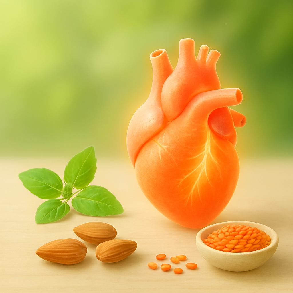 Realistic glowing human heart on a pale wooden surface, surrounded by fresh tulsi leaves, almonds, and a ceramic bowl of red lentils, with a soft green background symbolizing Ayurvedic freshness.