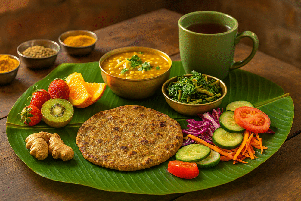 Colorful Indian thali with millet roti, lentils, fresh vegetables, fruits, herbal tea, and Ayurvedic spices on a banana leaf in natural lighting.