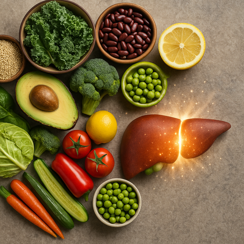 Realistic scientific image of plant-based no-oil foods including avocado, kale, broccoli, legumes, tomatoes, cucumber, carrots, and lemon shown with a glowing liver symbolizing detoxification