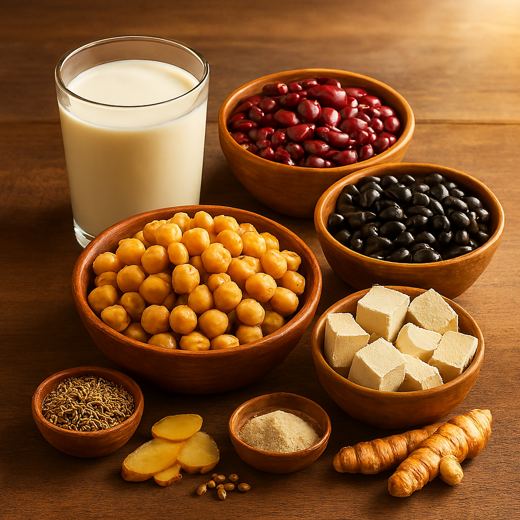 Realistic image of cooked chickpeas, kidney beans, black beans, tofu cubes, and a glass of soy milk arranged on a wooden table, with cumin seeds, ginger slices, and asafoetida powder highlighting digestive support in a warm, natural setting.