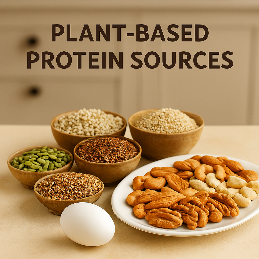 A realistic 3D image of plant-based protein sources arranged on a beige kitchen counter: pumpkin, flax, and sesame seeds in wooden bowls; jowar, ragi, and bajra grains in separate bowls; and a white plate with walnuts, almonds, and cashews. Text above reads “PLANT-BASED PROTEIN SOURCES.”