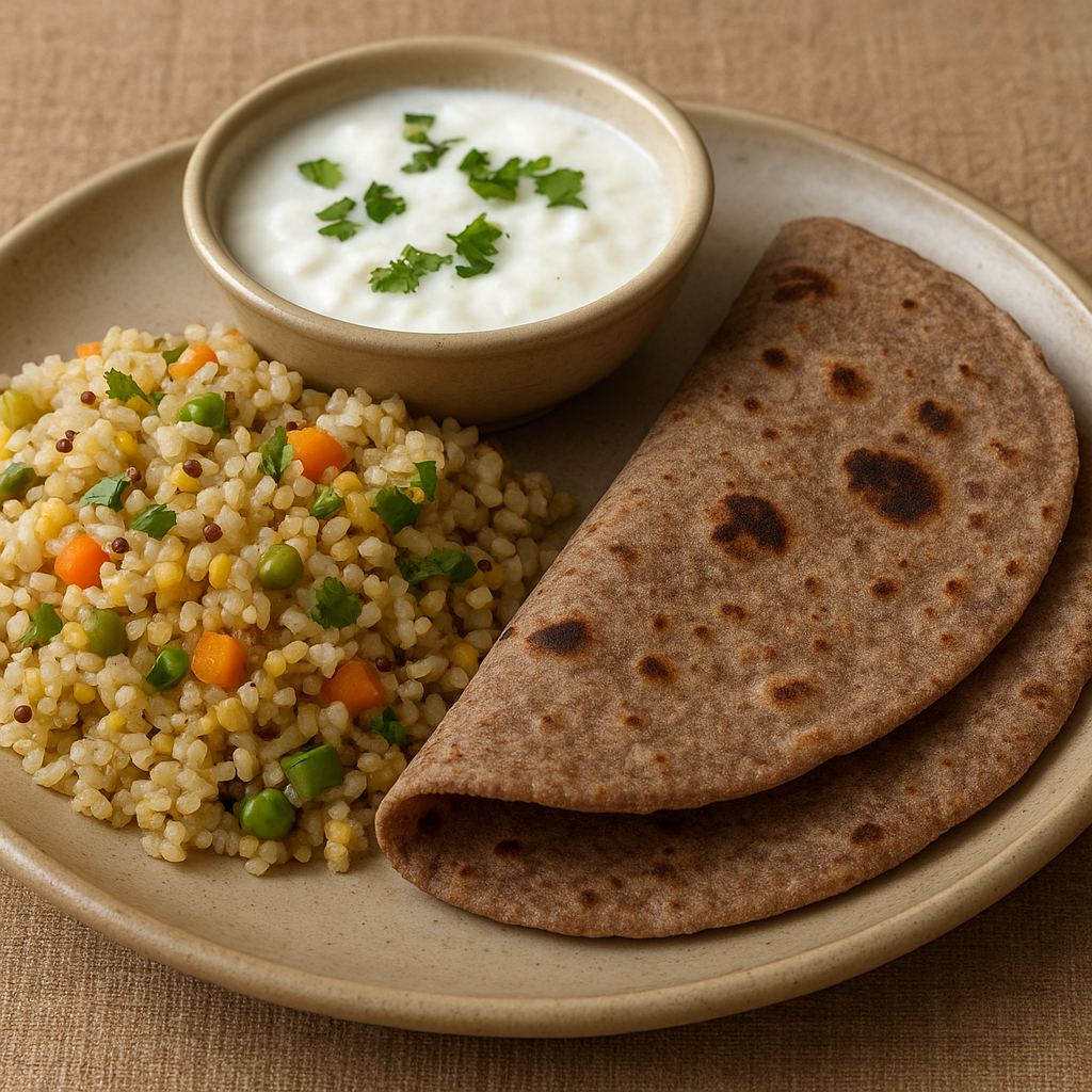 Plate with foxtail millet pulao, ragi roti, and a bowl of curd garnished with coriander.
