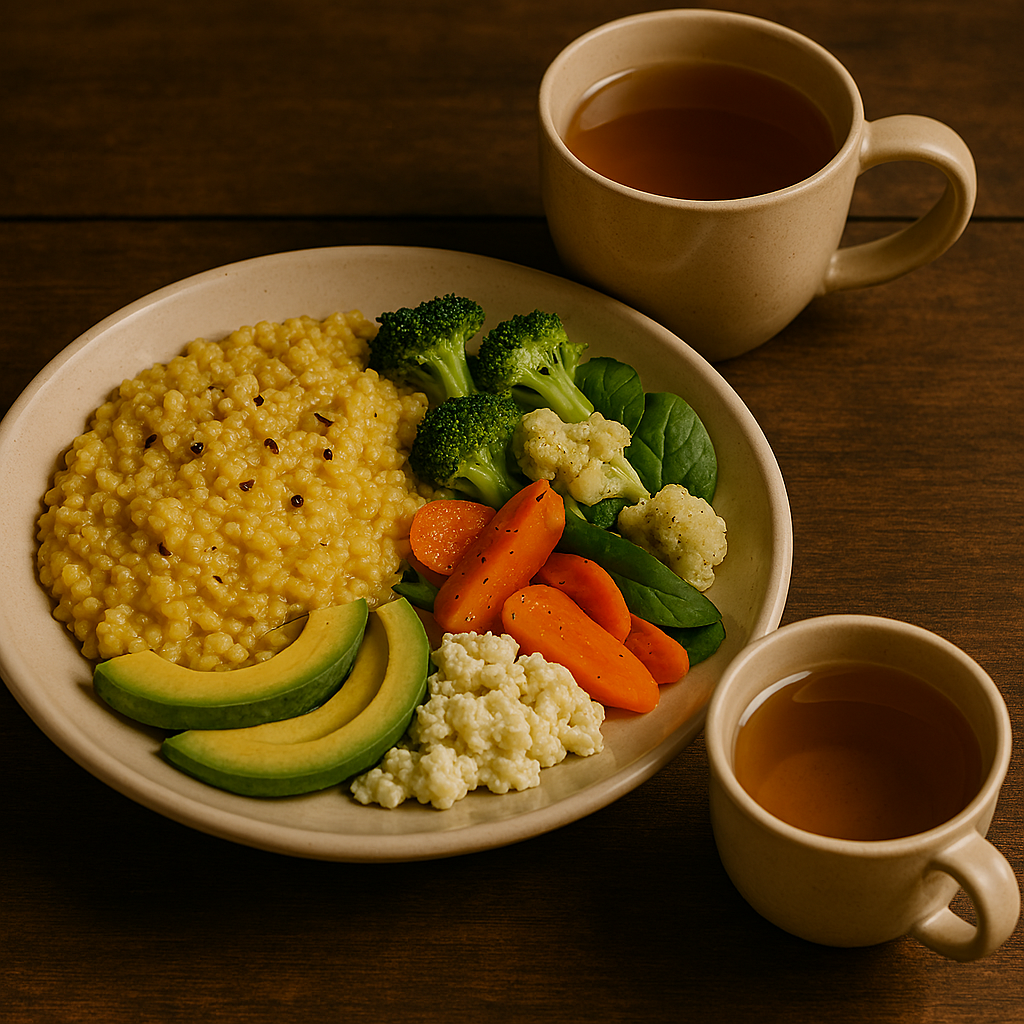A ceramic plate of golden moong dal khichdi with steamed vegetables, avocado, and cottage cheese, accompanied by a mug of tulsi tea and a cup of triphala water on a rustic wooden table.