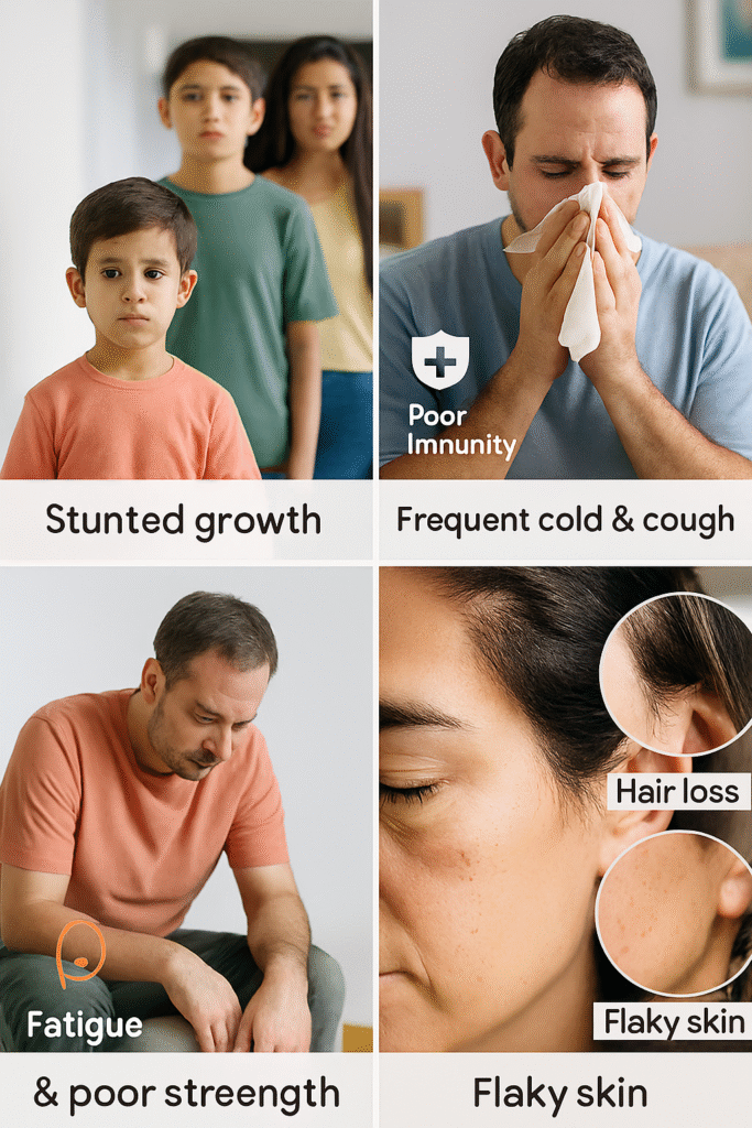 Photo collage showing symptoms of protein deficiency: a short child beside taller peers (stunted growth), a man sneezing into a tissue (frequent cold and cough), a tired adult slouched in a chair (fatigue), and close-ups of thinning hair and dry, flaky skin.