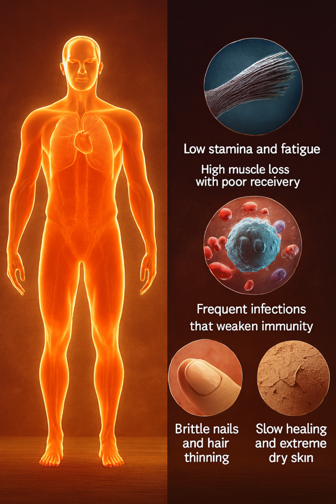 Split-screen 3D image showing a glowing healthy human figure on the left and five close-up cellular illustrations on the right, representing fatigue, muscle loss, infections, brittle nails, hair thinning, and dry skin.