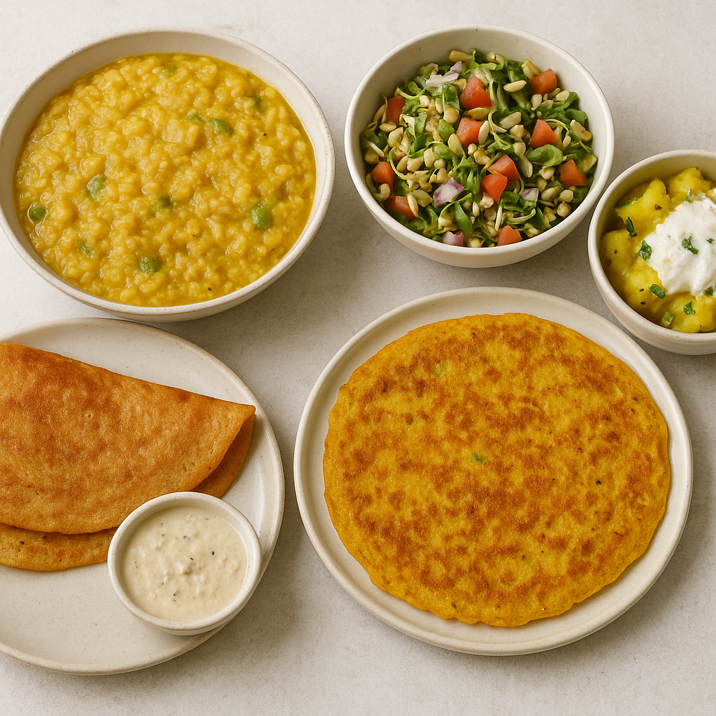 A healthy Indian thali featuring cheela, ragi dosa with chutney, sprout salad, khichdi, and curd.