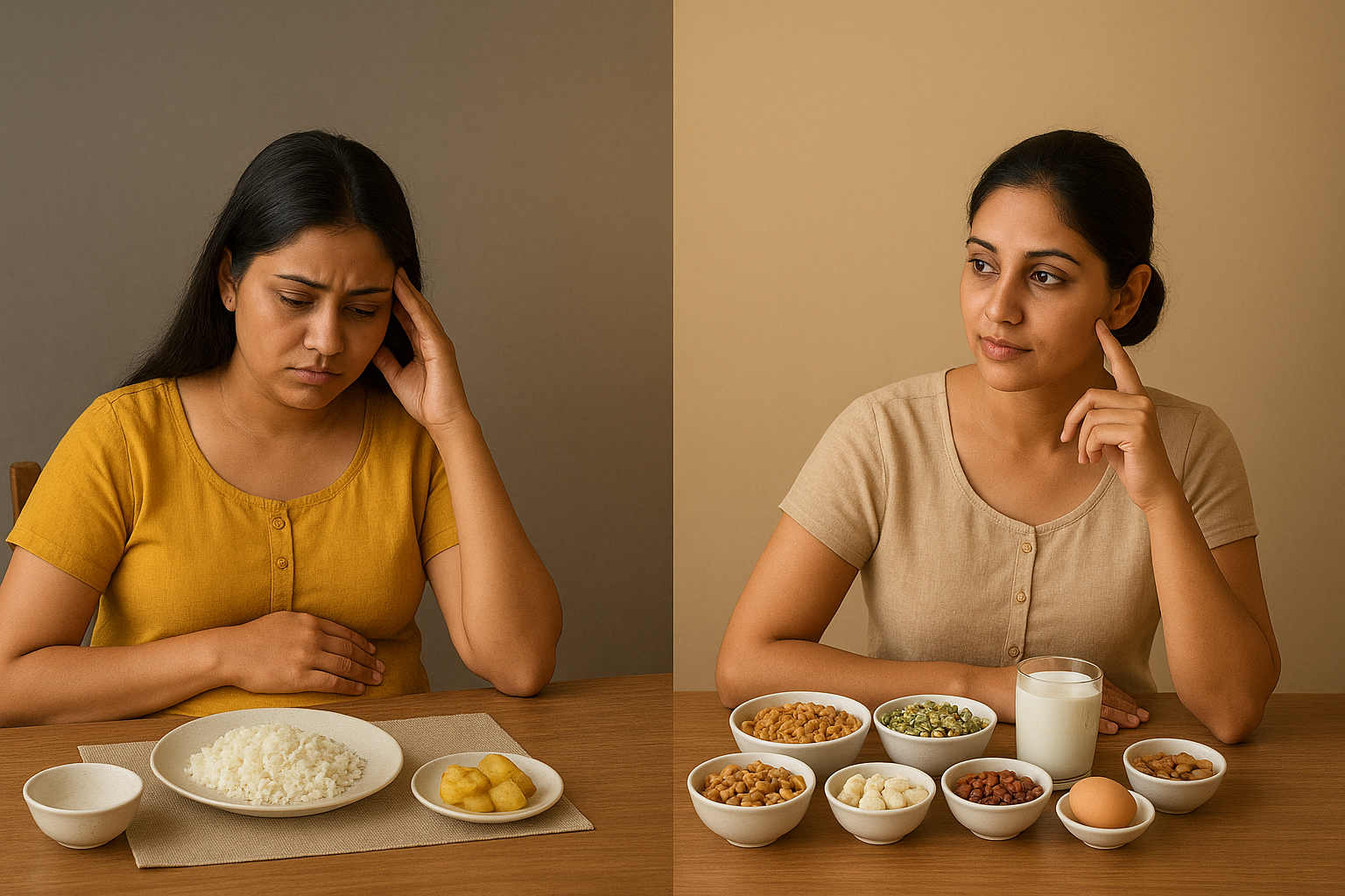 Two Indian women at a dining table, one with rice and potatoes showing poor protein intake, and the other with milk, egg, pulses, and sprouts representing a protein-rich diet for pregnancy and postpartum health.