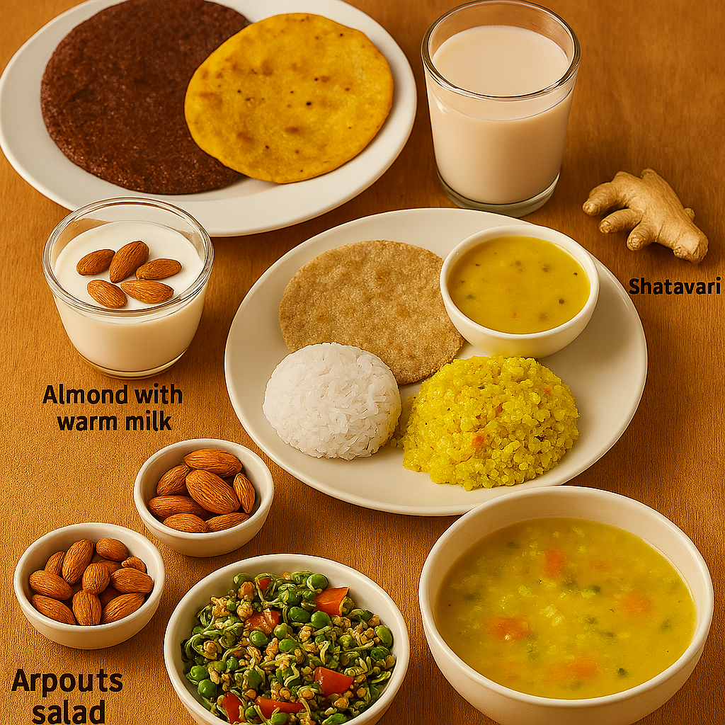 A realistic 3D image of an Ayurvedic meal spread on a wooden table: ragi dosa and moong dal cheela on a plate; a glass of warm milk with soaked almonds; millet roti with curd and yellow dal; a sprouts salad with herbs and tomato; and a bowl of light chicken soup with vegetables. Each dish is labeled in black text.