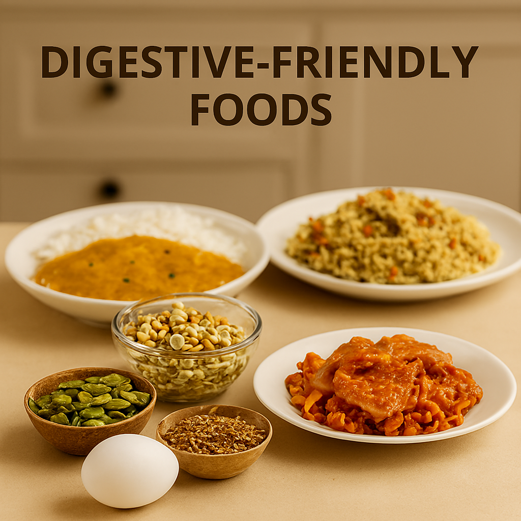 A realistic 3D image showing four digestive-friendly Indian dishes: rice with besan curry, khichdi made from rice and dal, sprouted mung beans in a glass bowl, and a plate of fermented kimchi. Text above reads “DIGESTIVE-FRIENDLY FOODS.”