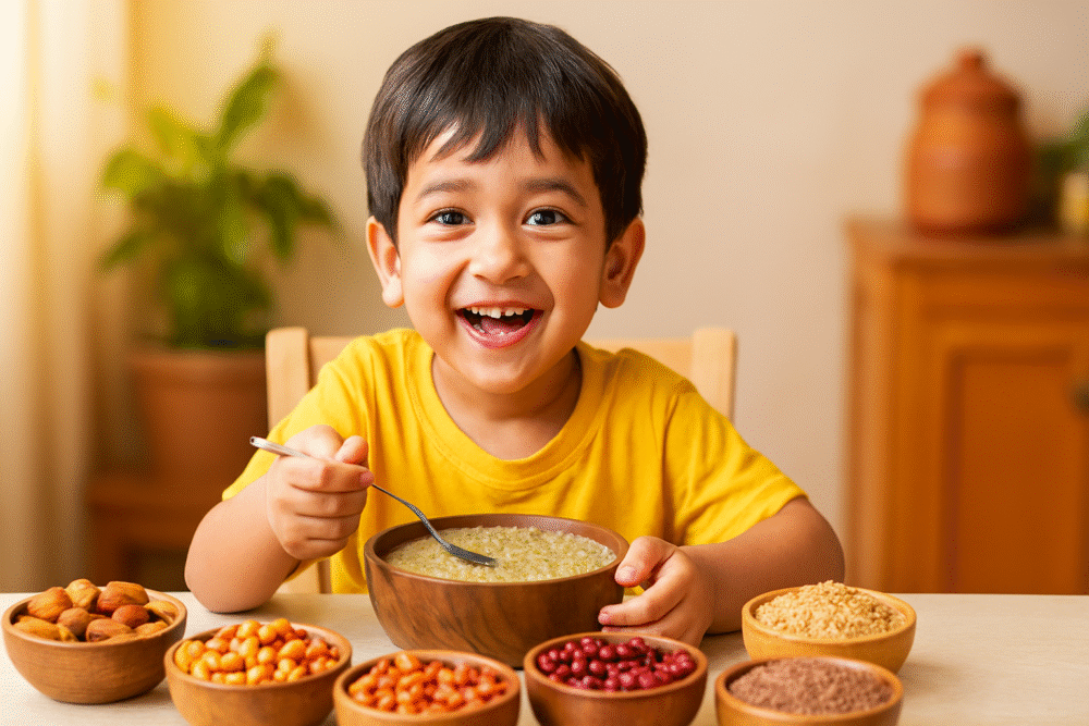 Smiling Indian child eating ragi porridge at a dining table, with wooden bowls of almonds, roasted chana, peanuts, rajma, flax seeds, and millets in a warm, cozy kitchen setting.