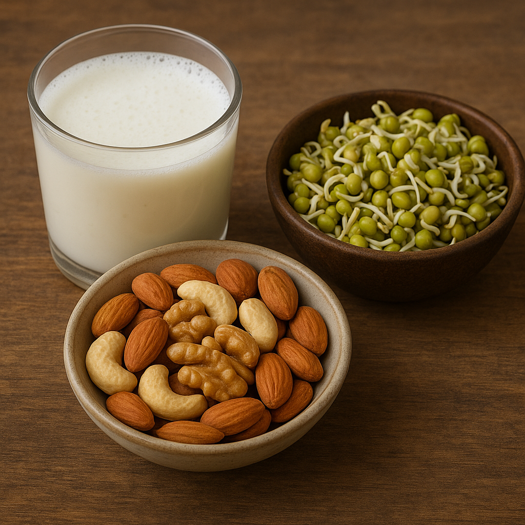 A glass of buttermilk placed beside bowls of mixed nuts and green gram sprouts on a wooden surface.