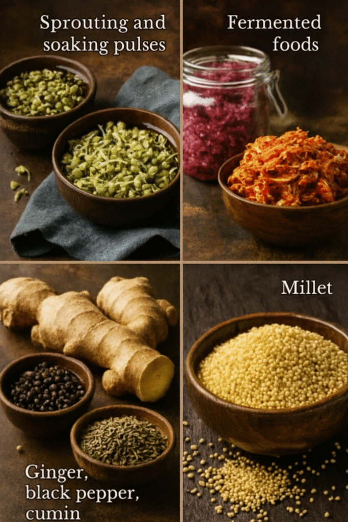 Collage of four food scenes: sprouted mung beans and soaked black beans in rustic bowls; fermented kimchi and sauerkraut in wooden bowl and glass jar; fresh ginger root with bowls of black peppercorns and cumin seeds; and a bowl of pale yellow millet grains on a dark wooden surface.