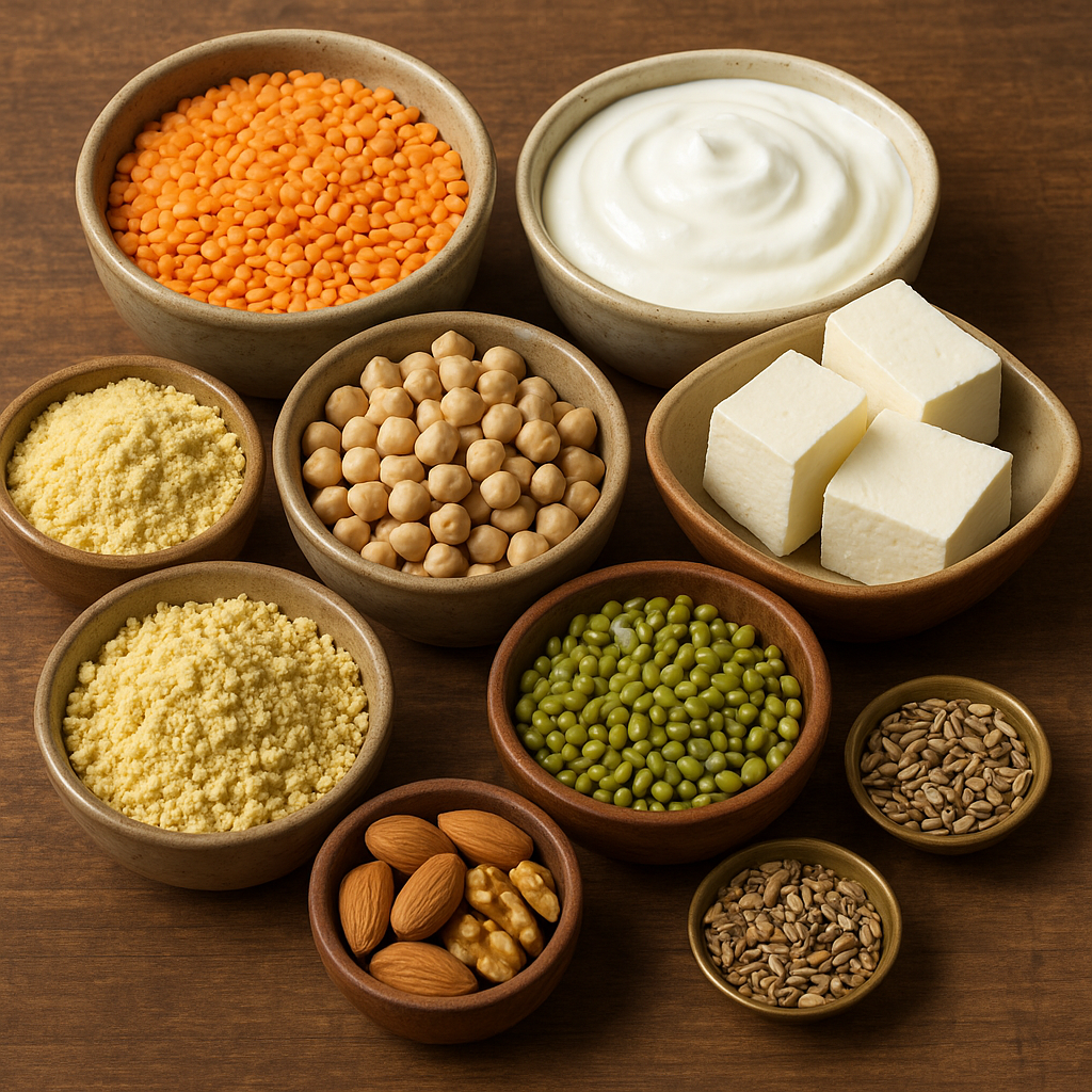 Bowls of lentils, chickpeas, moong dal, paneer cubes, Greek yogurt, quinoa flour, almonds, walnuts, and seeds on a wooden surface.