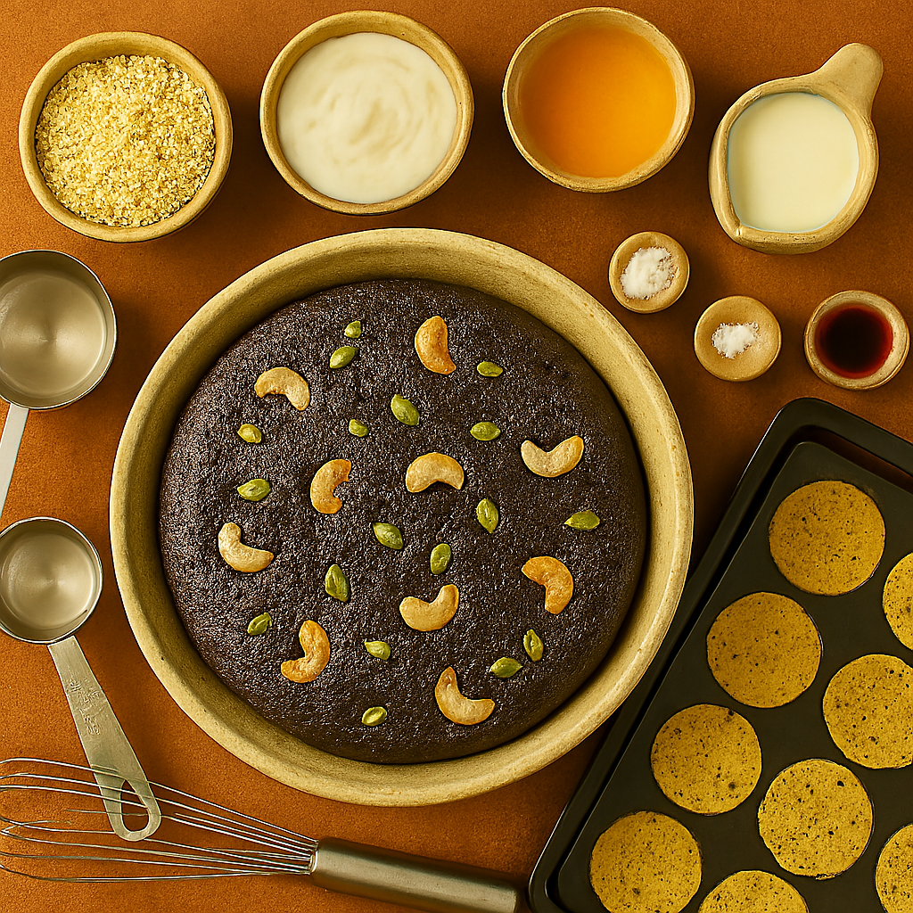 Top-view of a freshly baked ragi chocolate cake in a ceramic dish, garnished with golden cashews and green pumpkin seeds. Surrounding it are small bowls of almond flour, curd, ghee, almond milk, baking soda, baking powder, and vanilla extract. A baking tray of millet crackers and measuring tools complete the festive kitchen scene.