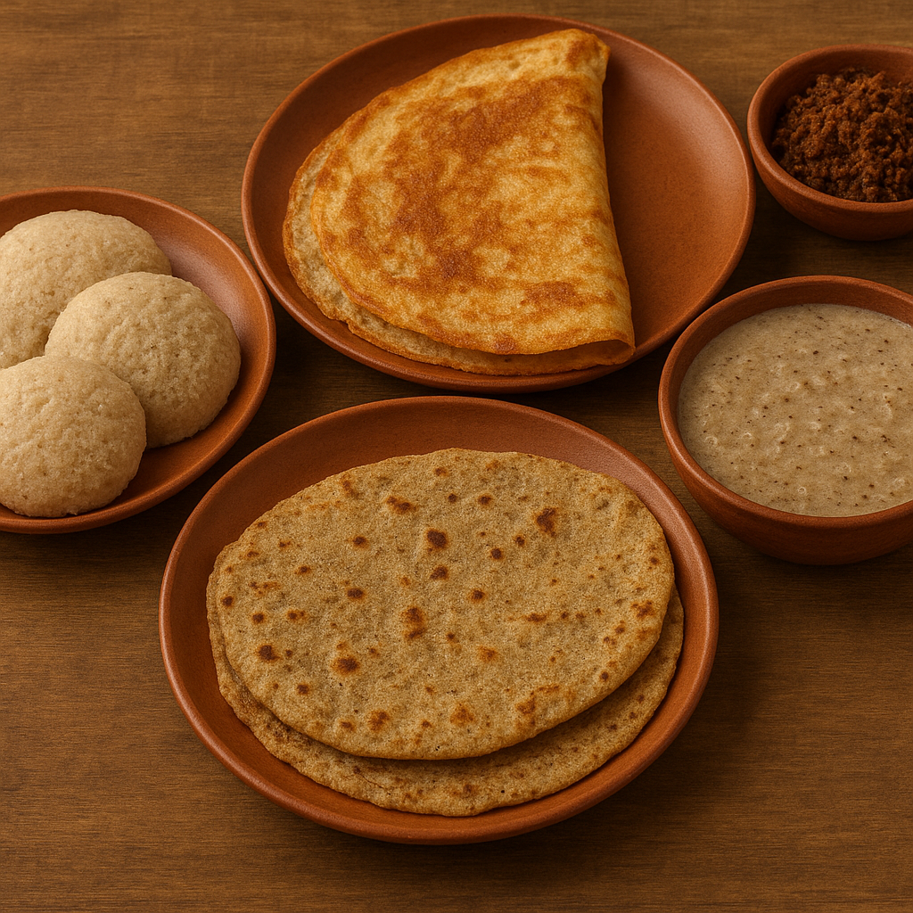 A spread of millet idlis, dosa, bajra rotis, and fermented millet porridge served in terracotta bowls and plates on a wooden surface.