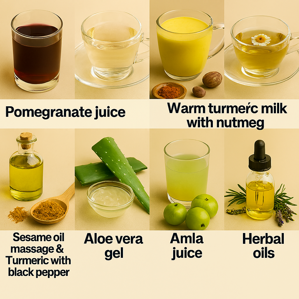 Realistic collage of pomegranate juice, fennel tea, warm turmeric milk with nutmeg, chamomile tea, sesame oil with turmeric and black pepper, aloe vera gel, amla juice, and herbal oils—each item labeled and arranged with soft lighting on a neutral background.
