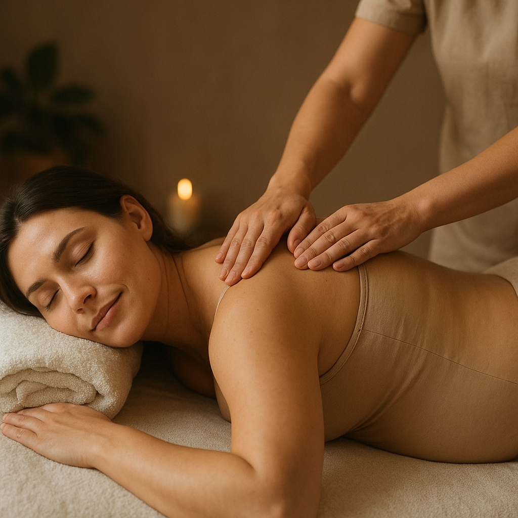 Pregnant woman enjoying a calming oil massage in a serene spa setting.