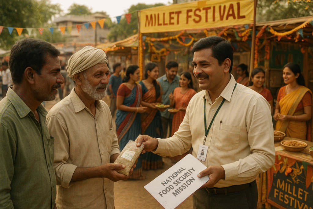 An agricultural officer hands millet seed packets to farmers under the National Food Security Mission at a lively millet festival with stalls, traditional foods, and urban families enjoying the event.