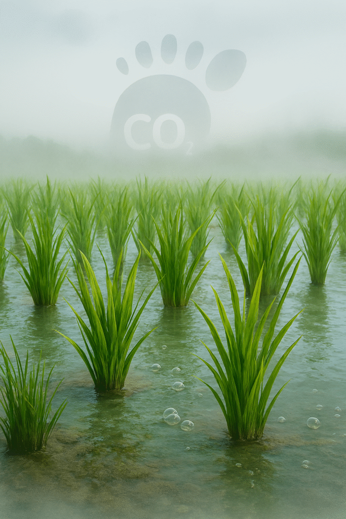 Realistic image of a flooded rice paddy field with green rice plants growing in rows; methane bubbles rise from the water’s surface, and a faint carbon footprint symbol appears in the hazy sky, highlighting greenhouse gas emissions.