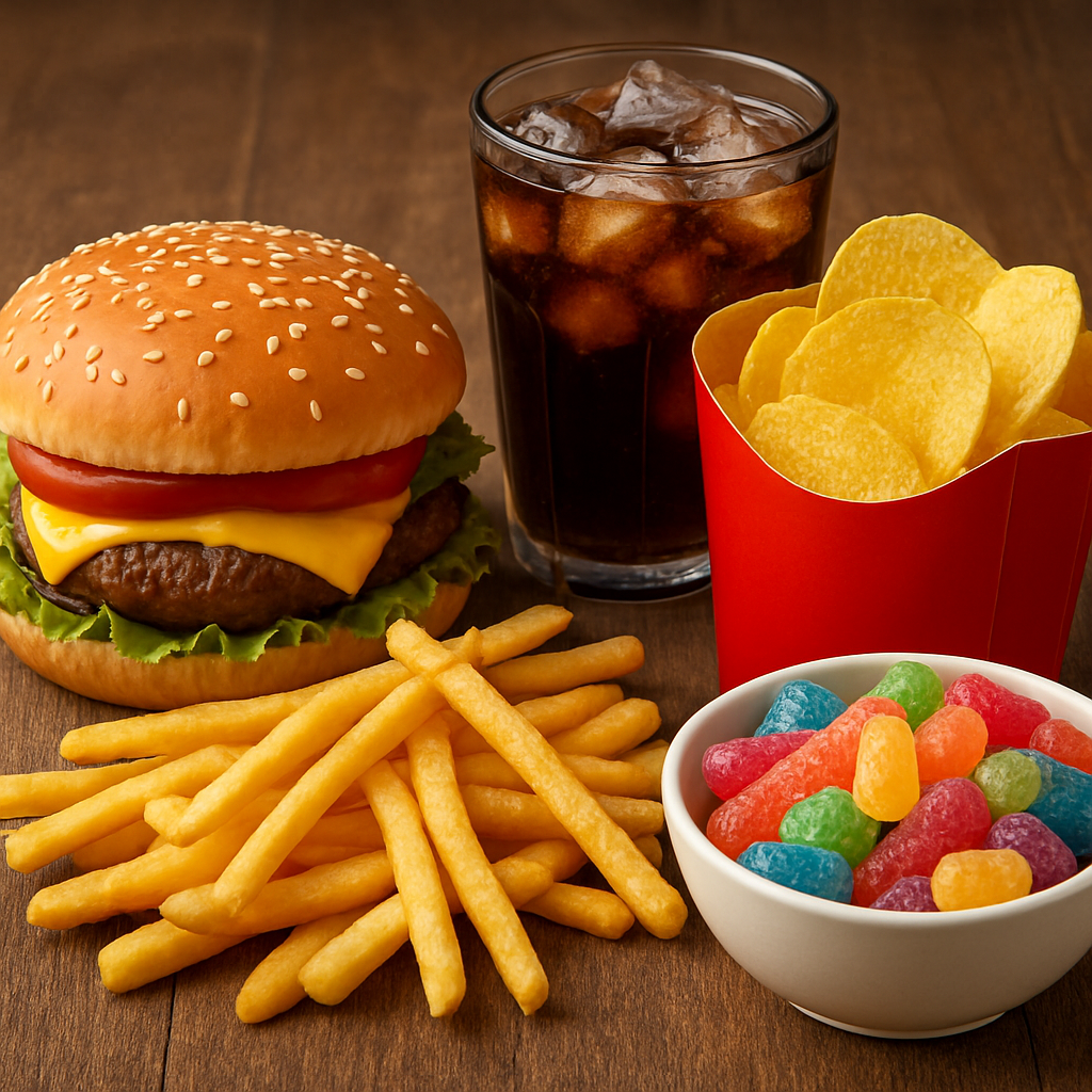 A cheeseburger with fries, potato chips, a glass of soda, and a bowl of colorful gummy candies on a wooden table.