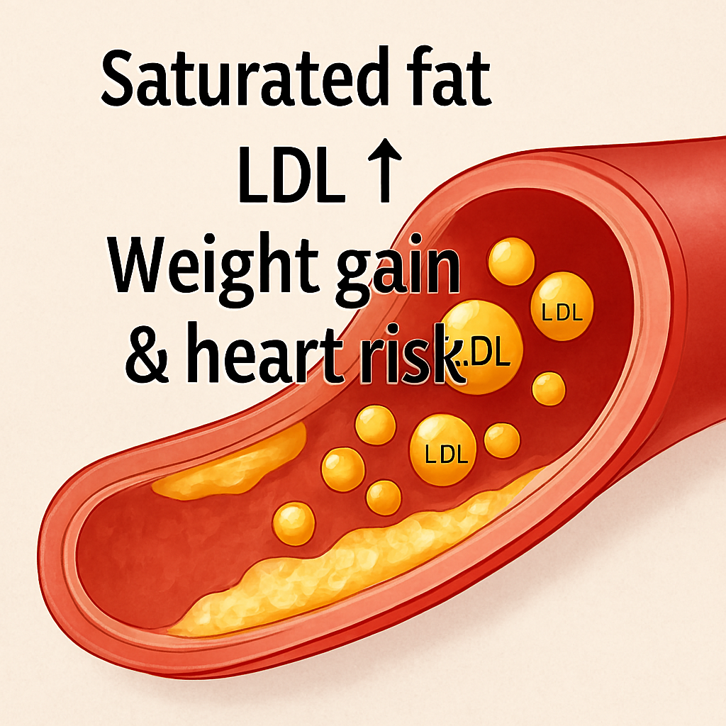 Medical-style illustration of a human artery with plaque buildup and LDL cholesterol particles, accompanied by the text “Saturated fat → LDL ↑ → Weight gain & heart risk” on a beige background.