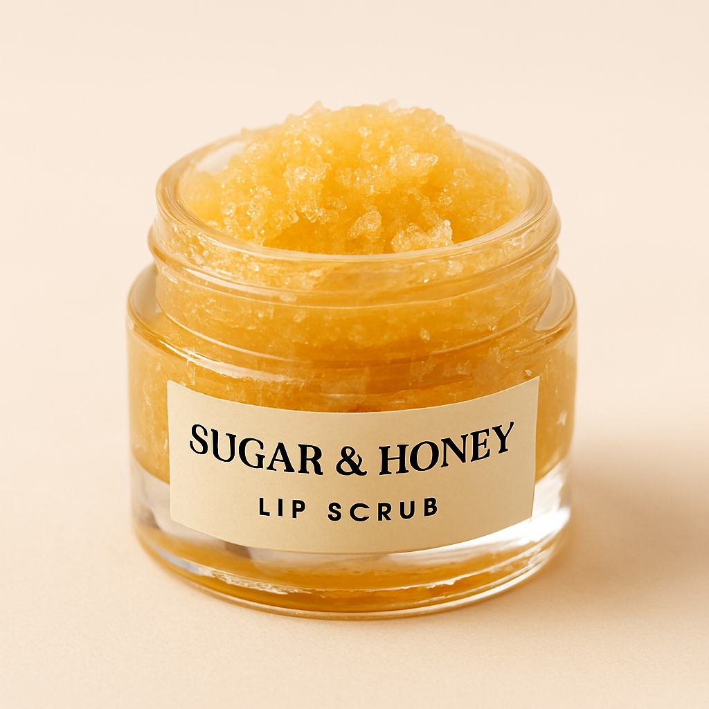 Realistic image of a glass jar filled with golden sugar and honey lip scrub, labeled and set against a soft off-white background.