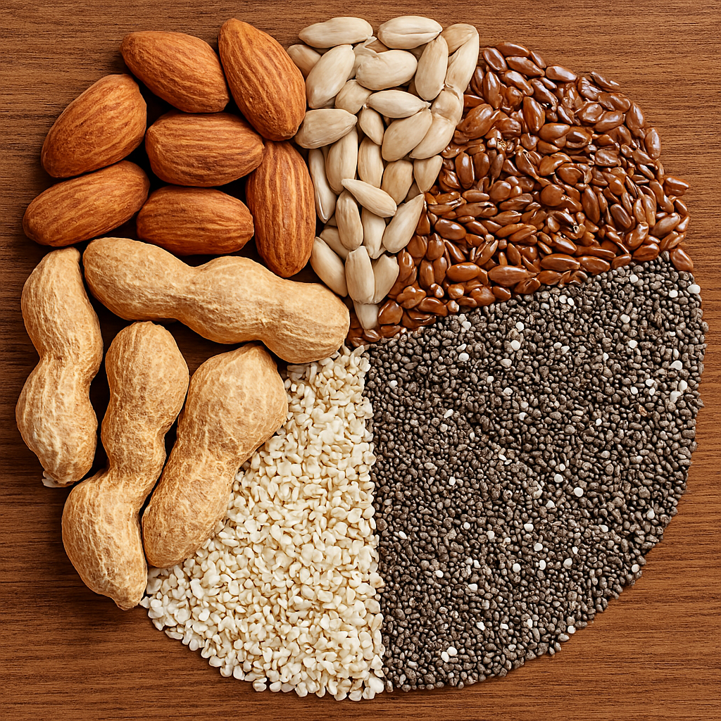 Circular arrangement of almonds, peanuts, sesame seeds, chia seeds, flaxseeds, and sunflower seeds on a wooden surface, showcasing their textures and natural colors.