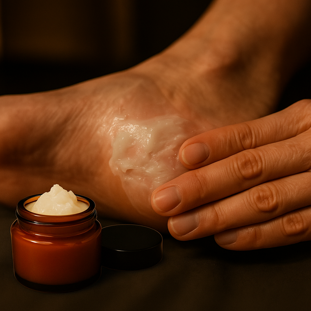 Close-up of a person applying thick ointment or petroleum jelly to the heel for overnight hydration.