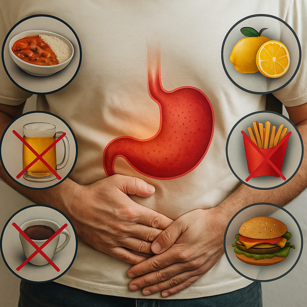 A realistic image of a person holding their stomach with an inflamed stomach illustration overlaid, surrounded by foods like spicy curry, citrus fruits, fried snacks, fast food, alcohol, and coffee marked with red X’s.