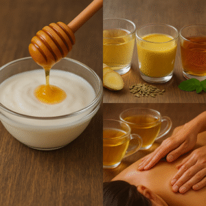 "Four natural remedies shown: honey being poured into curd, a glass of turmeric milk, cups of herbal teas with ginger and fennel, and an Abhyanga oil massage on the back."