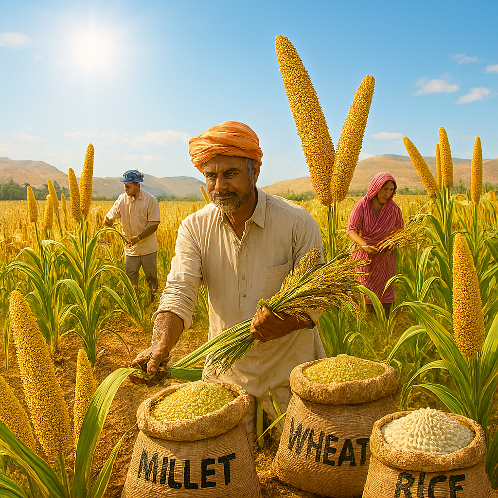 Realistic image of Indian farmers harvesting golden millet in a sunlit field; drought-resistant plants thrive in semi-arid soil, with healthy grains ready for harvest and a vibrant agricultural landscape in the background.