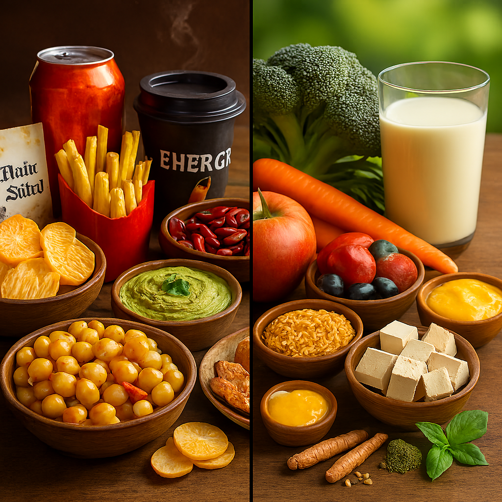 Split-screen image showing tamasic and rajasic foods like chips, soda, spicy curry, and energy drinks on the left, contrasted with sattvic foods like fresh vegetables, fruits, whole grains, ghee, milk, and Ayurvedic herbs on the right, all arranged on a wooden table with warm lighting.