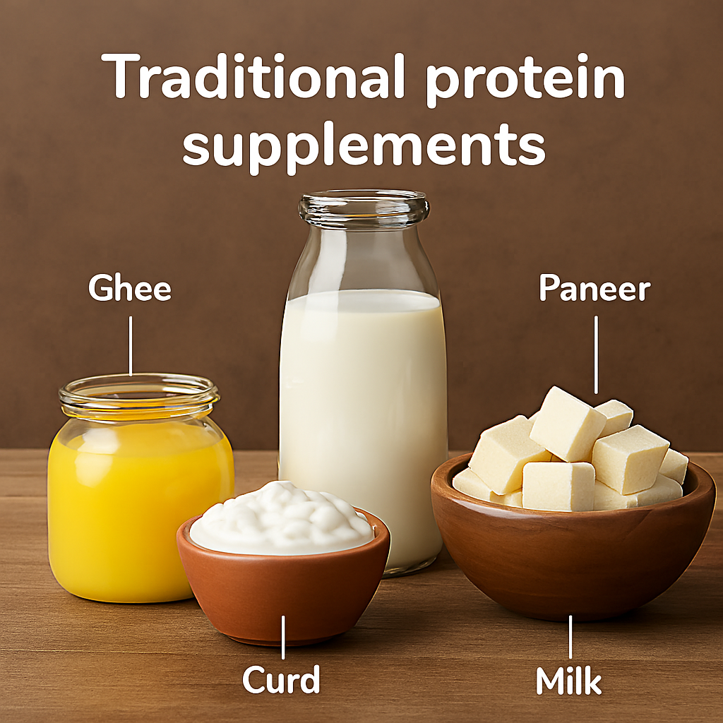 3D-rendered image showing labeled containers of ghee, curd, milk, and paneer arranged on a wooden surface, with “Traditional protein supplements” written above in white text.