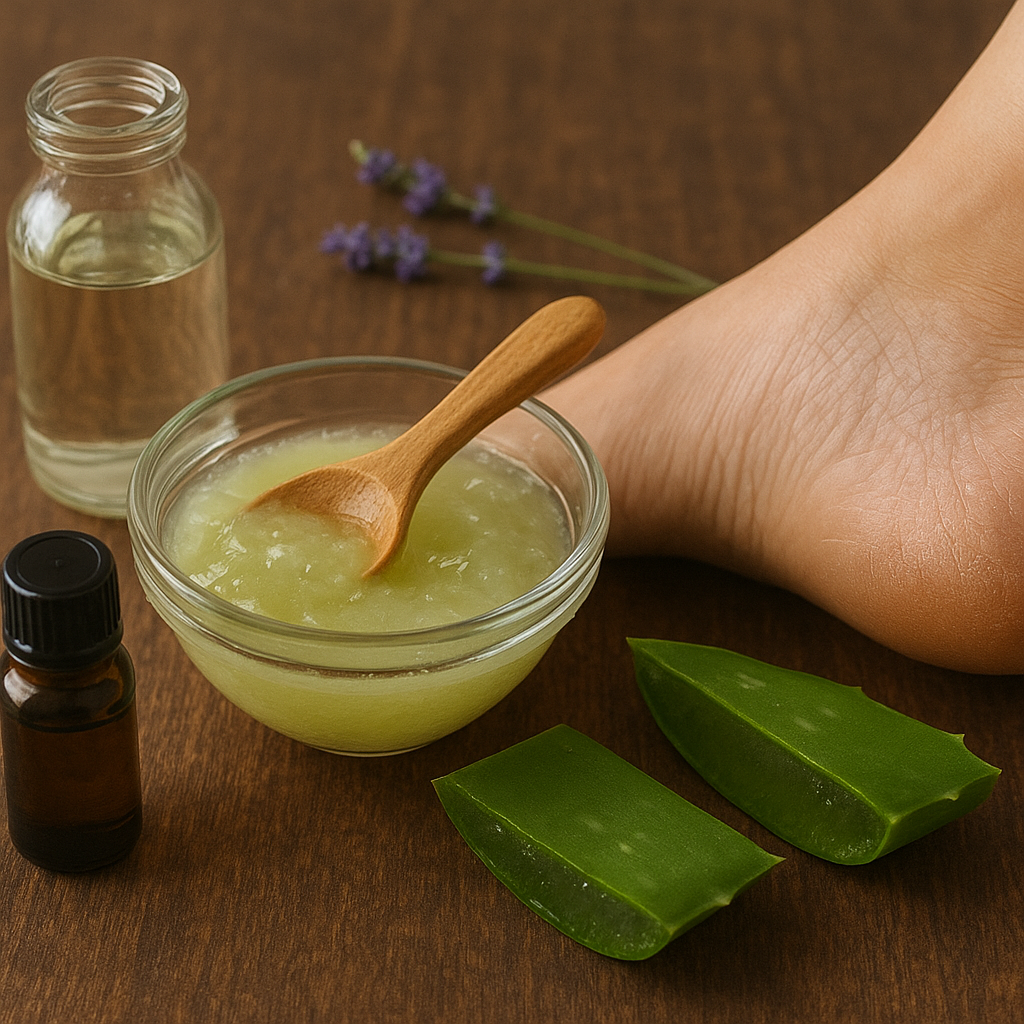 Cracked heel beside a bowl of aloe vera gel, glycerin bottle, essential oil, and fresh aloe leaves
