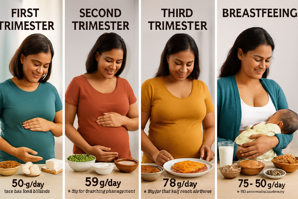 Four realistic 3D images of a South Asian woman at different stages of pregnancy and breastfeeding, each surrounded by protein-rich foods. Labels show daily protein requirements: 50g in the first trimester, 59g in the second, 78g in the third, and 75–80g during breastfeeding.