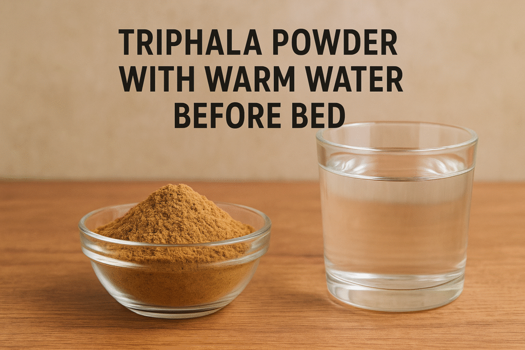 Glass of warm water placed beside a small bowl of Triphala powder on a wooden surface, showing an Ayurvedic home remedy for constipation.