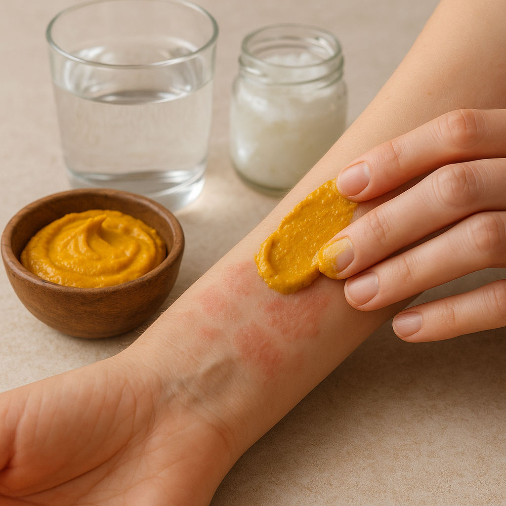"Hand applying turmeric paste on mild eczema rash with a bowl of turmeric, glass of water, and jar of coconut oil nearby."