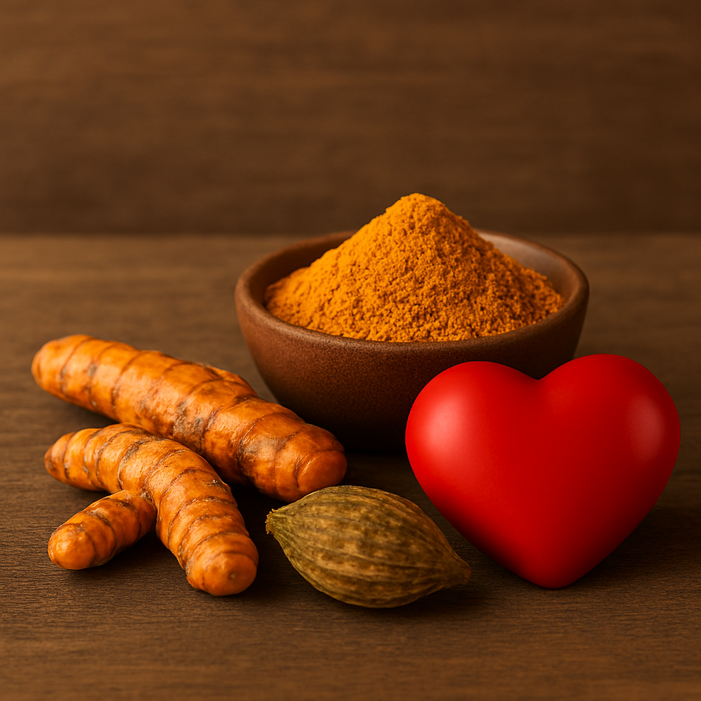Realistic image of fresh turmeric roots, a bowl of turmeric powder, and a red heart symbol arranged on a rustic wooden surface.