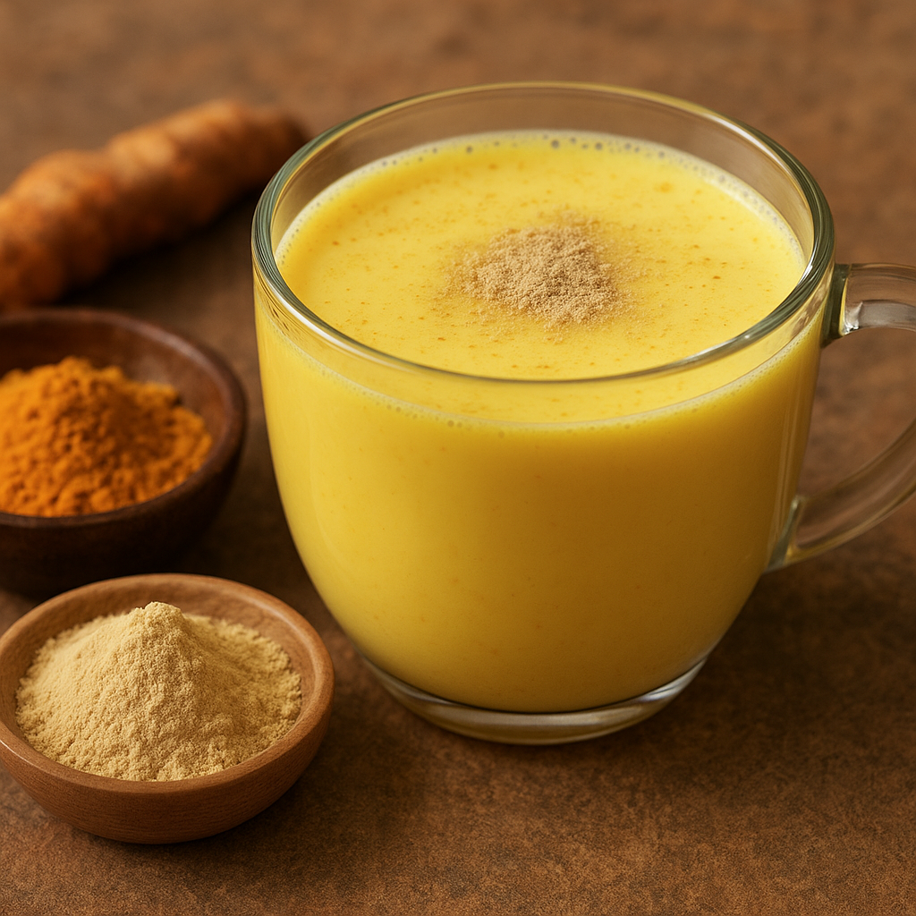 A clear glass cup filled with warm turmeric milk topped with a pinch of shatavari powder, placed beside bowls of turmeric and shatavari powder on a rustic surface.