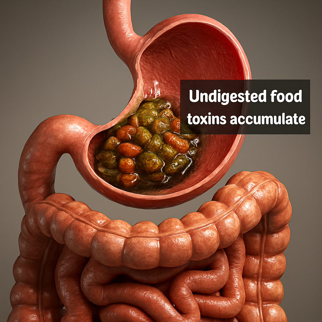 3D-rendered medical image showing a realistic human stomach and intestines with a visible mass of undigested food toxins. The stomach appears distended and filled with colorful, semi-liquid debris, emphasizing digestive buildup.
