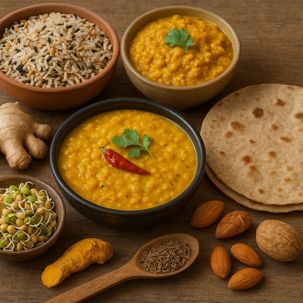 Indian dishes including rice with dal, chapati with dal, besan curry, sprouted legumes, and spices like ginger, turmeric, and cumin arranged on a wooden surface.