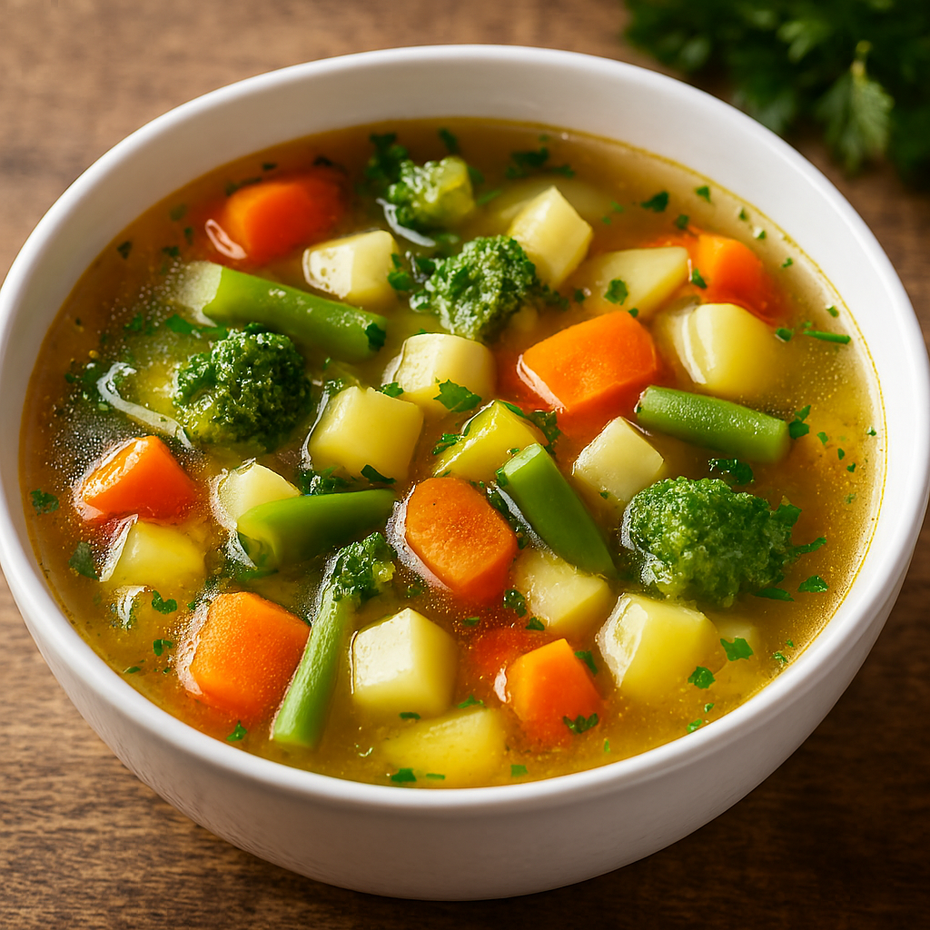 White ceramic bowl of golden vegetable soup with carrots, potatoes, green beans, and broccoli, garnished with fresh parsley on a rustic wooden surface.