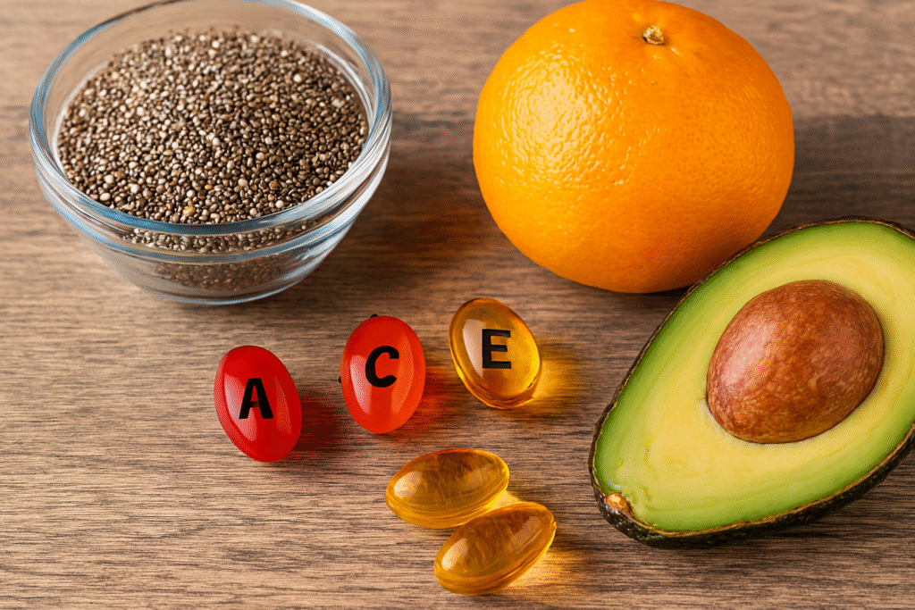 A rustic tabletop displays chia seeds in a glass bowl, vitamin capsules labeled A, C, and E, a whole orange, a halved avocado, and golden fish oil capsules—highlighting nutrients that support skin hydration and collagen production.